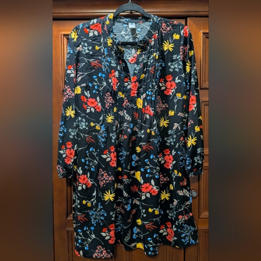 Old Navy Womens Black Floral Rayon Long Sleeve Dress Size M Boho Cottagecore